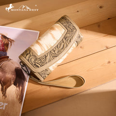 MW1360-W018   Montana West Hair-On Hide Tooled Wallet – Western Wristlet -Tan