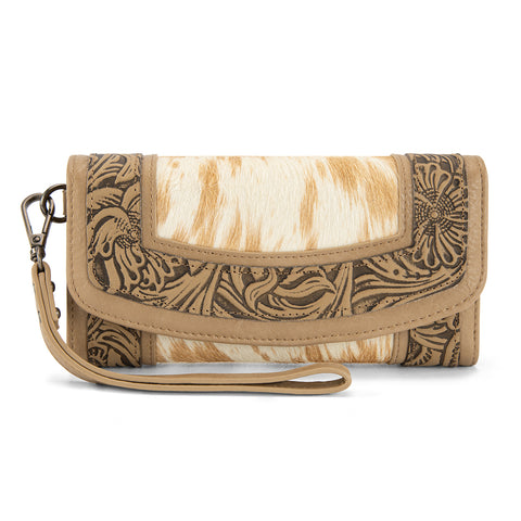 MW1360-W018   Montana West Hair-On Hide Tooled Wallet – Western Wristlet -Tan