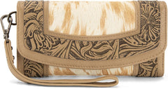 MW1360-W018   Montana West Hair-On Hide Tooled Wallet – Western Wristlet -Tan