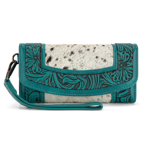 MW1360-W018   Montana West Hair-On Hide Tooled Wallet – Western Wristlet -Turquoise