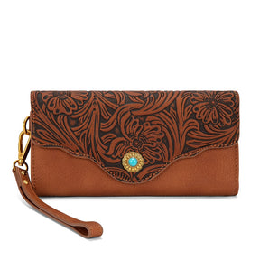 MW1362-W2005BR Montana West Western Floral Tooled  Wallet with Turquoise Concho Accent - Brown