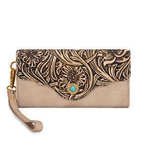 MW1362-W2005TN Montana West Western Floral Tooled  Wallet with Turquoise Concho Accent- Tan