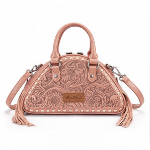 MW1363-889DPK Montana West Tooled Floral Fringe Dome Satchel Bag - Dark Pink