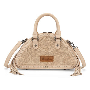 MW1363-889TN Montana West Tooled Floral Fringe Dome Satchel Bag - Tan