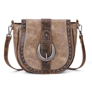 MW1364-8360CF Montana West Western Buckle Studded Saddle Crossbody Bag - Coffee