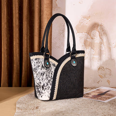 MW1365-8005BK Montana West Tooled & Cowhide Whipstitch Tote Bag - Black
