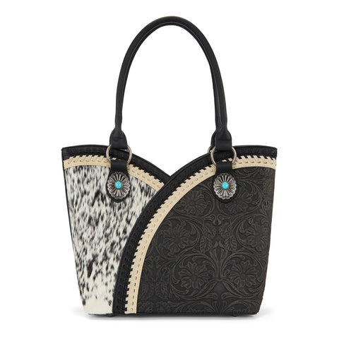 MW1365-8005BK Montana West Tooled & Cowhide Whipstitch Tote Bag - Black