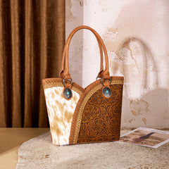MW1365-8005BR  Montana West Tooled & Cowhide Whipstitch Tote Bag - Brown