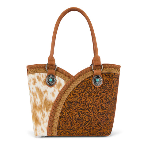 MW1365-8005BR  Montana West Tooled & Cowhide Whipstitch Tote Bag - Brown