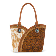 MW1365-8005BR  Montana West Tooled & Cowhide Whipstitch Tote Bag - Brown