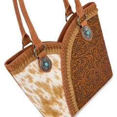 MW1365-8005BR  Montana West Tooled & Cowhide Whipstitch Tote Bag - Brown