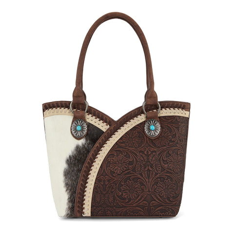 MW1365-8005CF  Montana West Tooled & Cowhide Whipstitch Tote Bag - Coffee