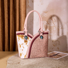 MW1365-8005PK  Montana West Tooled & Cowhide Whipstitch Tote Bag - Pink