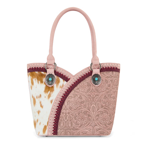 MW1365-8005PK  Montana West Tooled & Cowhide Whipstitch Tote Bag - Pink