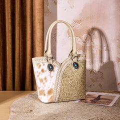 MW1365-8005TN   Montana West Tooled & Cowhide Whipstitch Tote Bag - Tan