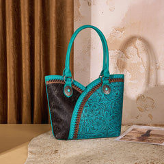 MW1365-8005TQ   Montana West Tooled & Cowhide Whipstitch Tote Bag - Turquoise