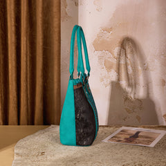 MW1365-8005TQ   Montana West Tooled & Cowhide Whipstitch Tote Bag - Turquoise