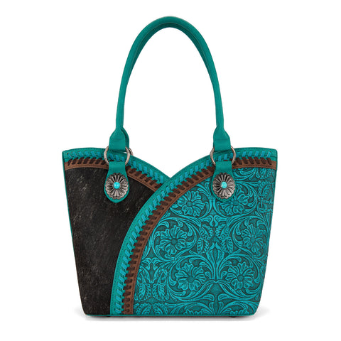 MW1365-8005TQ   Montana West Tooled & Cowhide Whipstitch Tote Bag - Turquoise