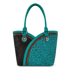 MW1365-8005TQ   Montana West Tooled & Cowhide Whipstitch Tote Bag - Turquoise