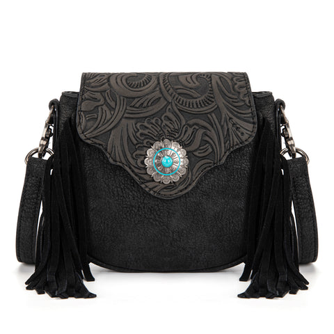 MW1366-8360BK   Montana West Embossed Fringe Mini Crossbody -Black
