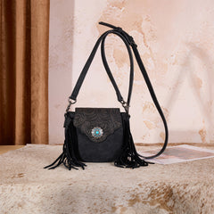 MW1366-8360BK   Montana West Embossed Fringe Mini Crossbody -Black