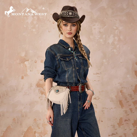 MW1366-8360TN  Montana West Embossed Fringe Mini Crossbody -Tan