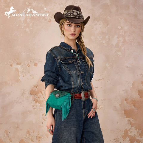 MW1366-8360TQ   Montana West Embossed Fringe Mini Crossbody -Turquoise