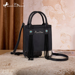 MW1368-8360BK  Montana West Hair-On Cowhide Fringe Tote/Crossbody - Black