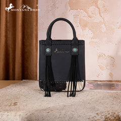 MW1368-8360BK  Montana West Hair-On Cowhide Fringe Tote/Crossbody - Black