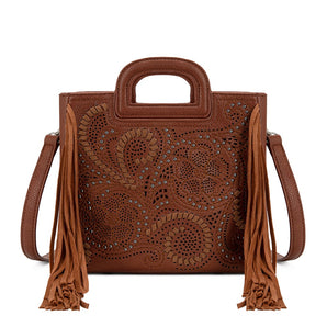 MW1383-8322BR Montana West Western Cutout Rivet Fringe Satchel Bag - Brown