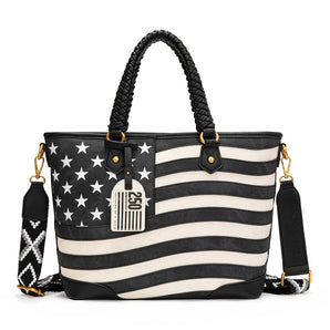 MW-HB-1385G-8317-BK Montana West American Flag Braided Concealed Carry Tote Bag - Black