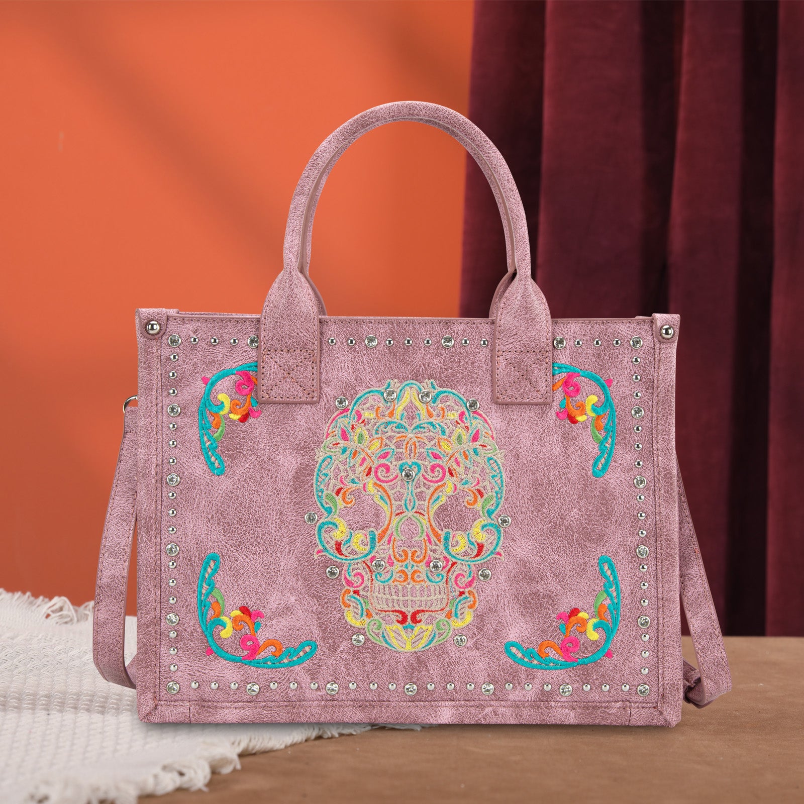 MW494G H8120S Montana West Embroidered Sugar Skull Tote Crossbody Pink