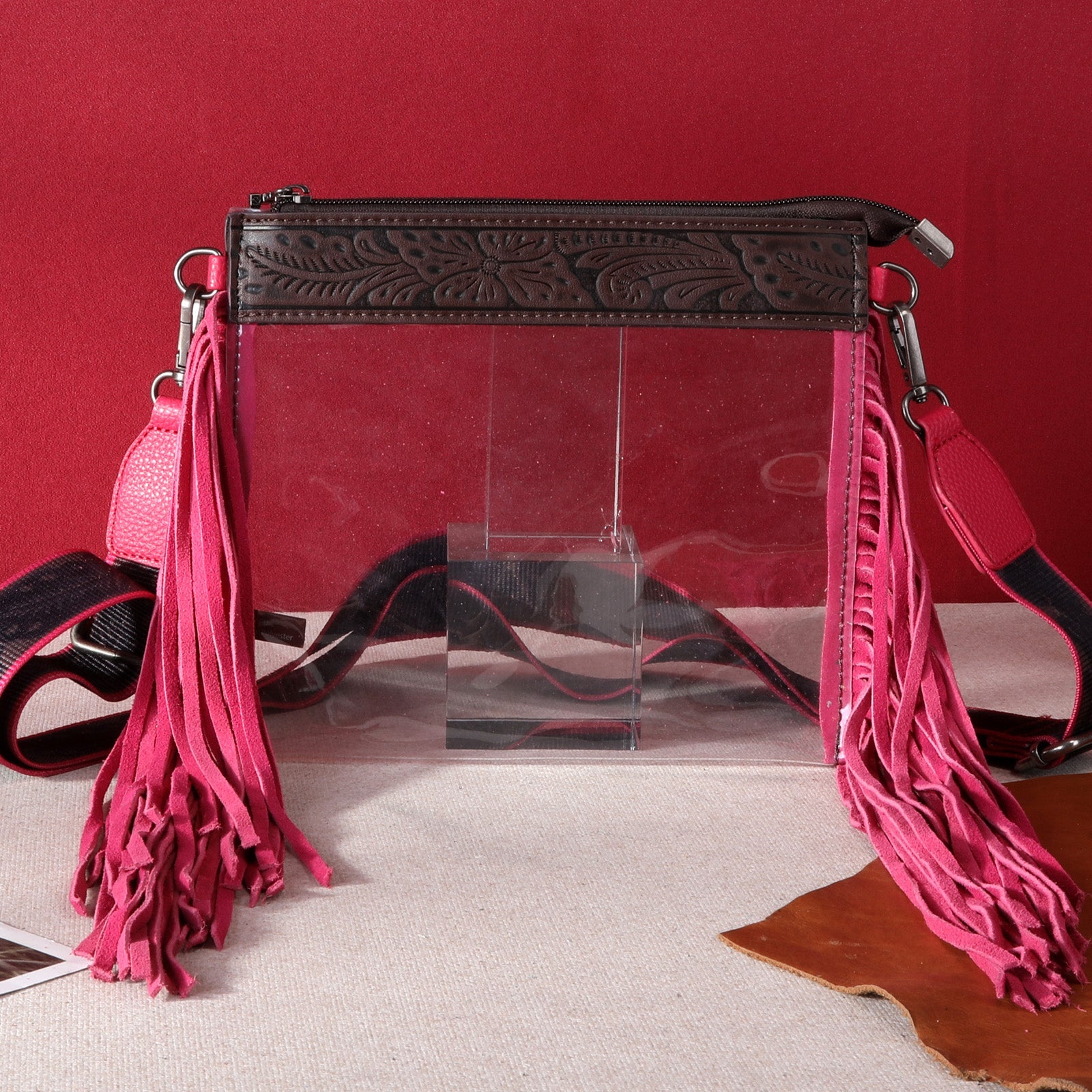 MW906-A191 Montana West Western Fringe Stadium Clear Crossbody Bag Hot Pink