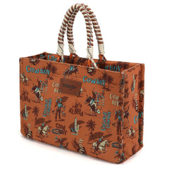 WG284D-8119  Wrangler COWBOY  Dual Sided Print Canvas Wide Tote -Brown
