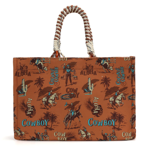 WG284-8119D  Wrangler COWBOY  Dual Sided Print Canvas Wide Tote -Dark Brown