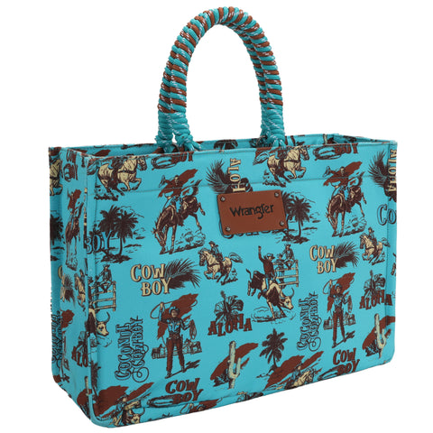 WG284D-8119  Wrangler COWBOY  Dual Sided Print Canvas Wide Tote -Turquoise
