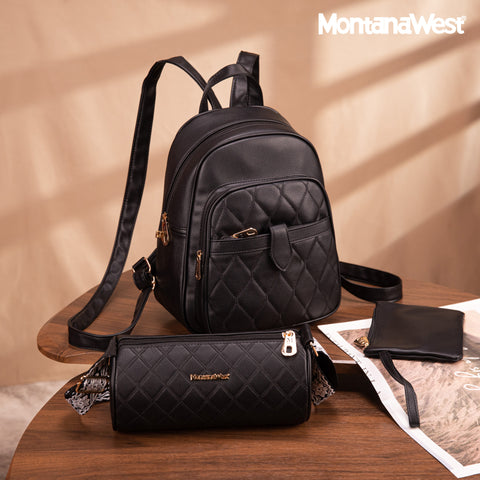 MWC3-178   Montana West 3Pcs Set Quilted Small Backpack/Crossbody/Pouch -Black