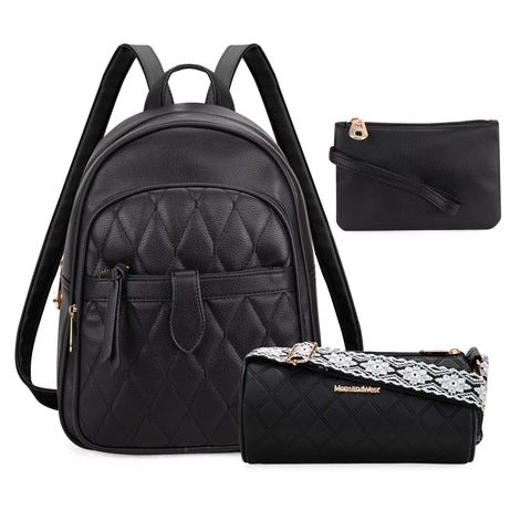 MWC3-178   Montana West 3Pcs Set Quilted Small Backpack/Crossbody/Pouch -Black