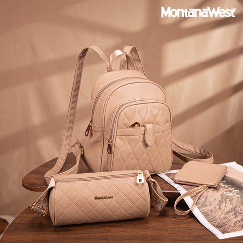 MWC3-178   Montana West 3Pcs Set Quilted Small Backpack/Crossbody/Pouch -Khaki