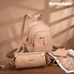 MWC3-178   Montana West 3Pcs Set Quilted Small Backpack/Crossbody/Pouch -Khaki