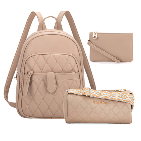 MWC3-178   Montana West 3Pcs Set Quilted Small Backpack/Crossbody/Pouch -Khaki
