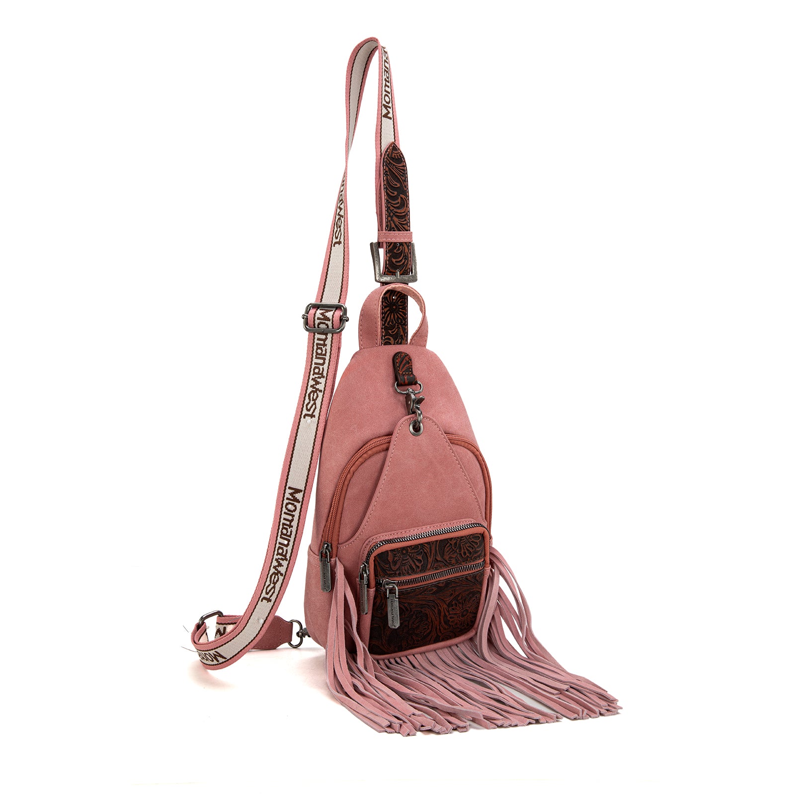 MW1276-S9110 Montana West Tooled Fringe Sling Bag Pink