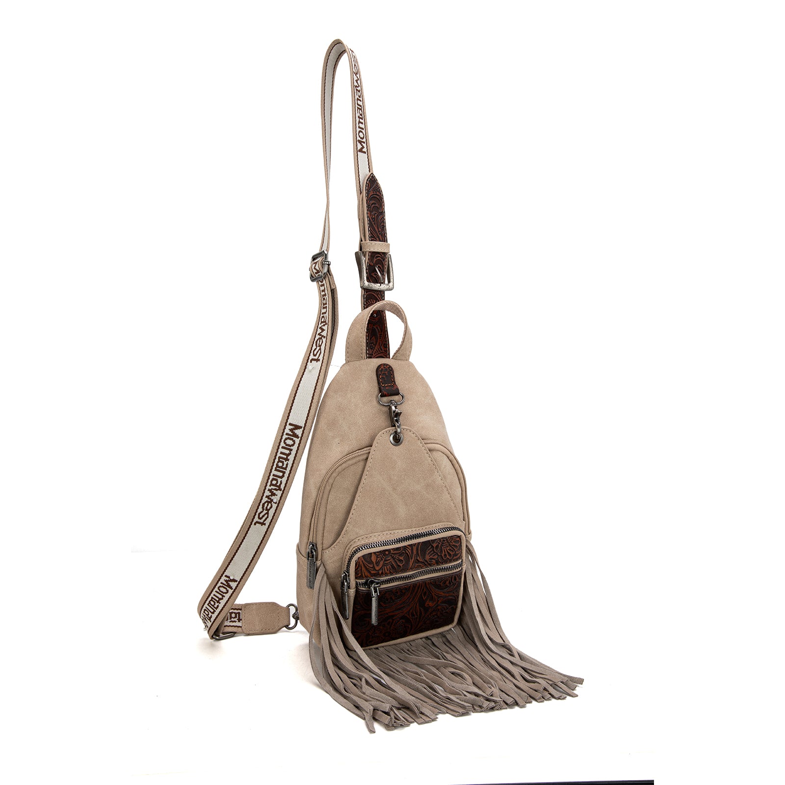 MW1276-S9110 Montana West Tooled Fringe Sling Bag Tan