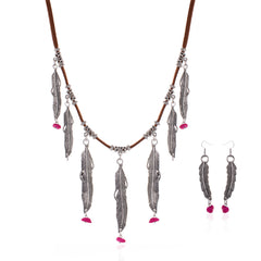 WNS-1030   Rustic Couture's Silver Feather Charms Leather Necklace Earrings Set