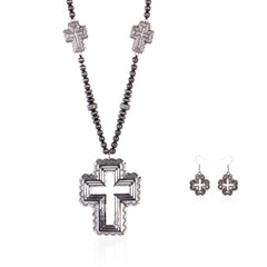 RNS-1029  Rustic Couture's  Beaded Heart Shape Cross  Pendant Necklace Earring Set