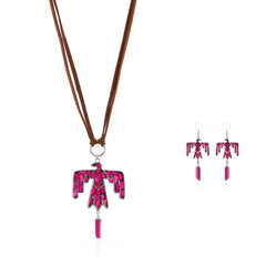 WNS-1043  Wrangler Jewelry Sets Thunderbird Pendant Leather Necklace Earrings Set