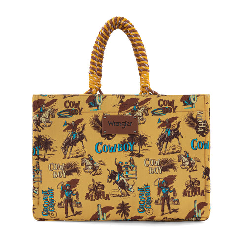 WG284D-8119  Wrangler COWBOY  Dual Sided Print Canvas Wide Tote -Beige Yellow