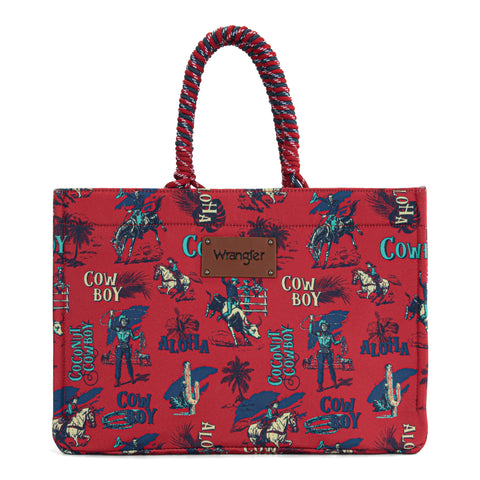 WG284D-8119  Wrangler COWBOY  Dual Sided Print Canvas Wide Tote -Red