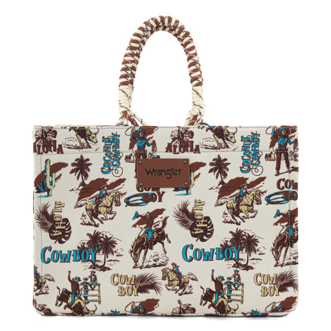 WG284D-8119  Wrangler COWBOY  Dual Sided Print Canvas Wide Tote -Beige
