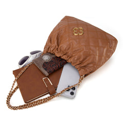 MC-411  Milan Chiva Quilted Chain Strap Shoulder Bag - Brown